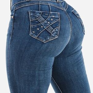 Butt Lift High Waisted Skinny Jeans Dark Bleach Wash